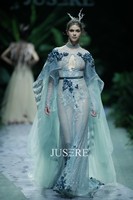 Jusere Fashion Dress Col Haut Manches Longues Scintillant 3d Fleurs Aline Robe De Soirée Partie Bleue