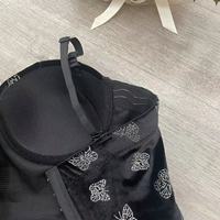 Top bustier court en velours vintage pour femmes, imprimé papillon argenté brillant, bretelles amovibles et réglables, veste pour femmes
