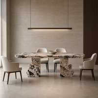 Table à manger ovale personnalisée en marbre naturel Picasso rouge, avec deux piédestaux et têtes de lion sculptées, pour villa haut de gamme et hôtel