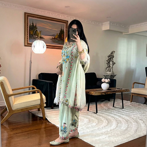 Ramdev Trading Women's Light Green Pure Heavy Chinnon Silk Salwar Kameez Floral Embroidery Traditional Indian Pakistani Casual - Product Image 1