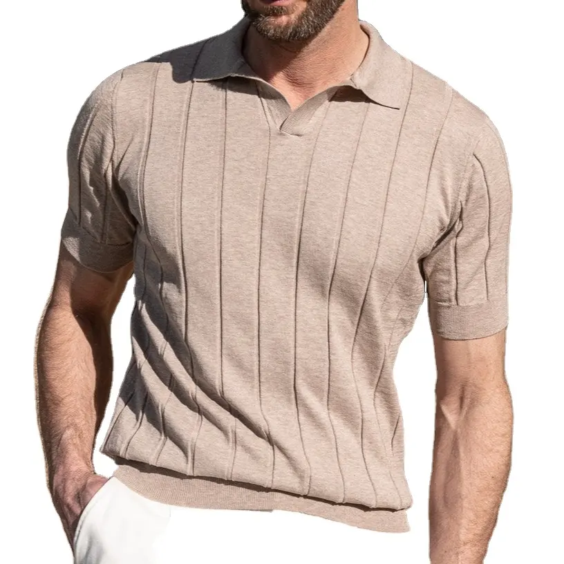 Polo in cotone lavorato a maglia a coste Taupe Polo Vintage da uomo