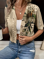 Cardigan en maille beige à motif feuilles pour femme, collection été 2026, col en V, pull ajouré pointelle, 100 % polyester, imprimé botanique, coupe courte