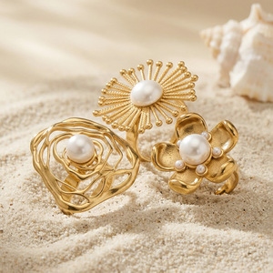 Ladies' Stainless Steel Gold-Plated Sunflower <b>Open</b> <b>Ring</b> With Shell Pearl Simple & Exquisite European-American Style - Product Image 2