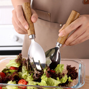 Juego de tenedores y cucharas para ensalada de madera de acacia, acero inoxidable, ecológico, para mezclar y servir ensaladas - Product Image 1