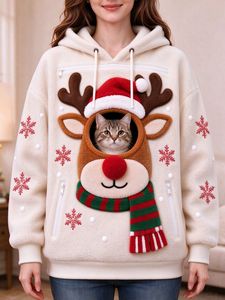 <b>Women's</b> Navy <b>Blue</b> Plush <b>Fleece</b> Hoodie Gingerbread Cat Pocket Pullover Christmas Sweatshirt - Product Image 6