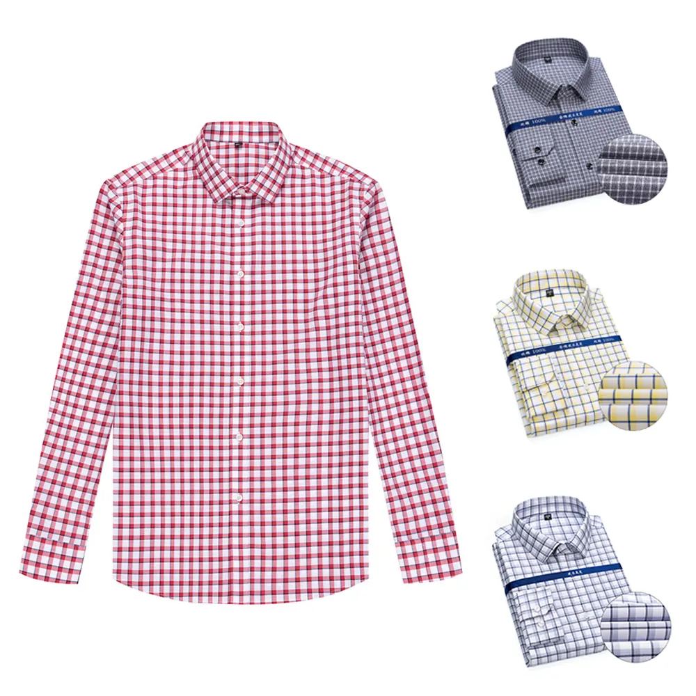 Ready to Ship Men's Cotton Spandex Red Check Shirts Anti-wrinkle Wrinkle Free Custom Dress Shirts For Men