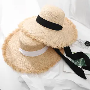 하이 퀄리티 수제 직조 라피아 태양 모자 여성용 블랙 리본 레이스 업 큰 챙 밀짚 모자 야외 해변 여름 모자