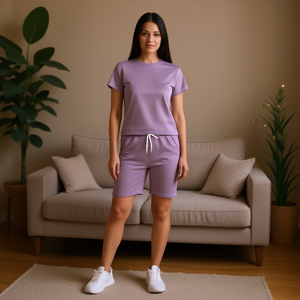 Completo Tuta Sportiva Casual da Donna Lavanda, Maniche Corte, Girocollo, Tinta Unita, Pantaloncini con Coulisse, Traspirante in Poliestere, Ideale per l'Estate - Product Image 2