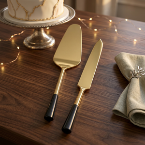 Juego de Cuchillo y Servidor para Pastel con Acabado Dorado para Recepciones de Boda, Fiestas de Lujo, Salones de Banquetes, Hoteles y Decoración de Mesa Premium - Product Image 2