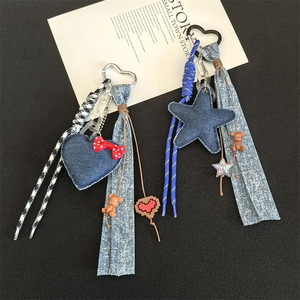 Denim Star Heart Keychain Handmade Fabric <b>Bag</b> <b>Charm</b> Y2K Cowboy Style Bear Pendant Backpack Key Ring for Gift - Product Image 4