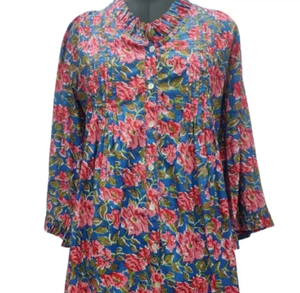 เดรสแขนยาวสไตล์เกาหลีสำหรับผู้หญิงเดรสมีระบายแขนยาวพิมพ์ลายดอกไม้สีชมพูด้านหน้าเปิดด้วยกระดุม - Product Image 1