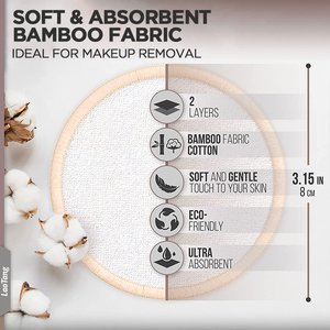 Tampons démaquillants ronds réutilisables en coton de bambou absorbant et lavable, 2 couches, avec sac de rangement - Product Image 3