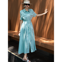 Robe longue élégante vintage en lin de couleur menthe pour femme, col polo, taille ajustée, amincissante, idéale pour le bureau et les trajets quotidiens, été