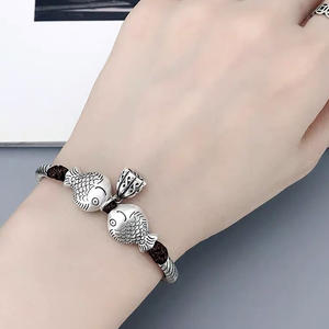 Pixiu — <span class=keywords><strong>Bracelet</strong></span> en <span class=keywords><strong>cuir</strong></span> pour hommes et femmes, bijoux porte-bonheur, avec corde ajustable, en argent 999, à la mode, motif feuille de <span class=keywords><strong>Lotus</strong></span>, poisson - Product Image 6