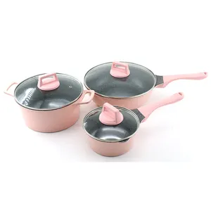 中国供应商粉红色涂层厨具套装压铸铝炊具套装