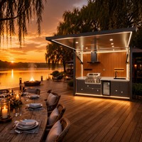 Nuevo Diseño de Cocina Exterior Personalizada con Control Remoto, para Camping/Jardín, Impermeable, con Parrilla y Soporte para TV