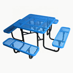 Tavolo da Picnic Quadrato in Metallo per Esterni con 4 Panche, Arredo da Giardino, Tavolo da Pranzo in Acciaio, Tavolo e Sedie per Patio e Caffè all'Aperto - Product Image 2