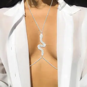 Popüler paslanmaz çelik kaplama aksesuarları serpantin göğüs zinciri özel parlak seksi Rhinestone vücut zincir Bikini aksesuarları