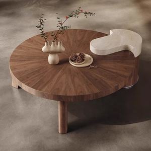 Nouvelle Cave Pierre <span class=keywords><strong>Table</strong></span> Basse Combinaison Moderne Style Ancien Salon Placage De Noyer <span class=keywords><strong>Table</strong></span> Basse Ronde En Bois Massif - Product Image 2