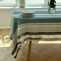 Nappe à rayures françaises en tissu de lin pur de 52x108 pouces, couverture de table de ferme anti-poussière pour les brunchs de cuisine/