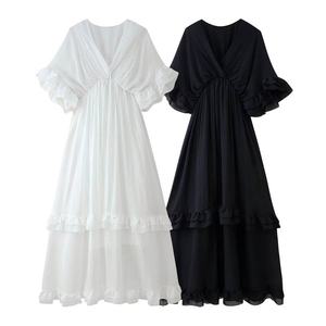Women's 2025 Autumn Summer Vintage Casual Woven Dress New Chic Fashion Ruffled Maxi Robe with Short Sleeves Solid <b>Pattern</b> - Product Image 1