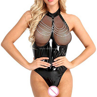SacKnove 8031 mujeres maduras regordetas de talla grande cadena transparente negro medianoche mono que muestra el pezón Lencería de cuero Sexy caliente