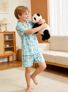 Pyjama court en satin pour garçon avec imprimé pandas, ensemble personnalisé pour enfants, manches courtes, boutons, ensemble de vêtements - Product Image 2