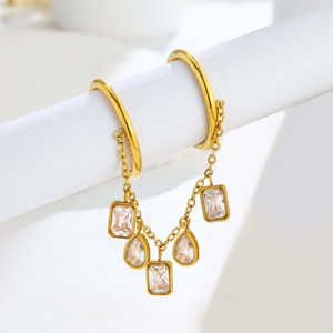 <b>Gold</b> Plated <b>Cocktail</b> <b>Ring</b> With Cubic Zirconia Chain Dangle Women's Glam Party Jewelry - Product Image 3