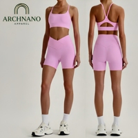 Ensemble 2 pièces short taille croisée pour femme, ensembles de sport taille haute, ensembles de fitness et yoga, haut court à bretelles, vêtements de sport personnalisables avec logo