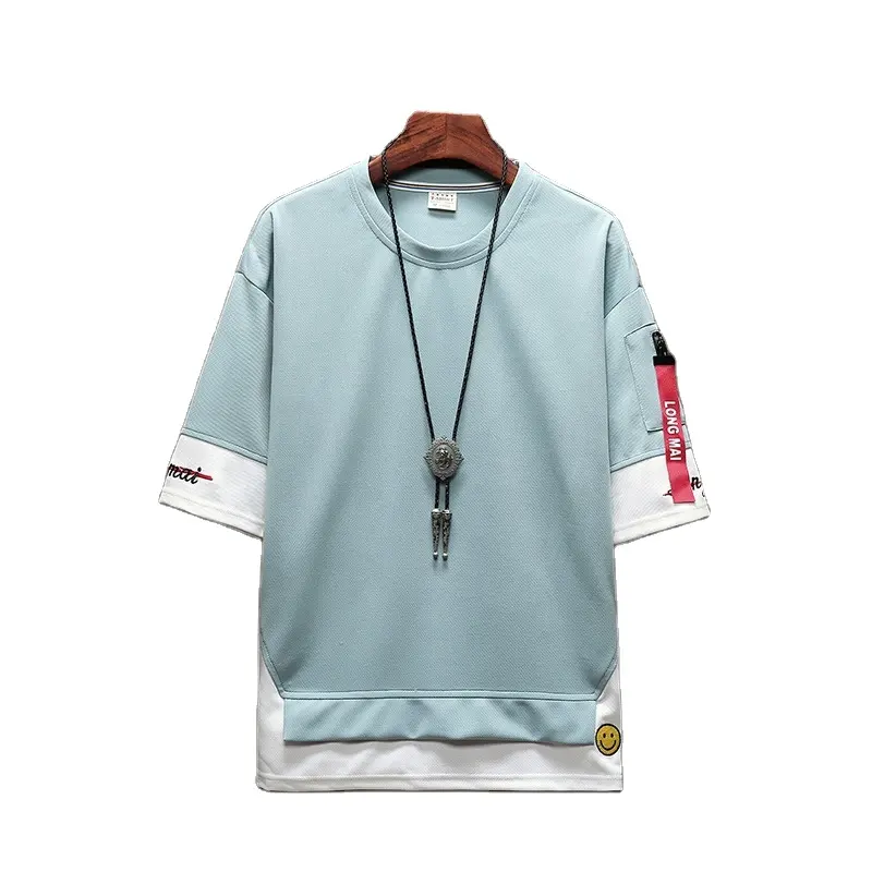 Camiseta masculina manga curta contraste, camiseta com gola redonda, manga longa, tendência, plus size, para o verão, 2022