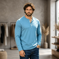 Kaos Henley Pria Lengan Panjang Biru Muda Kerah V Regular Fit Rajutan Katun Kasual Warna Solid Bernapas Ramah Lingkungan