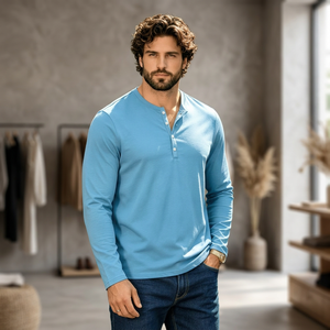 <b>Men's</b> Light Blue <b>Long</b> <b>Sleeve</b> V-Neck <b>Henley</b> Shirt Regular Fit Knitted Cotton Casual Solid Color Breathable Eco-Friendly Front - Product Image 3
