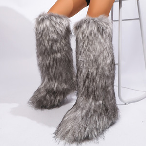 Bottes d'hiver pour femmes en fourrure synthétique imitation renard Y2K, talon plat, hauteur au-dessus du genou, doublure en denim, bottes longues pour l'automne, hauteur cuisse - Product Image 4