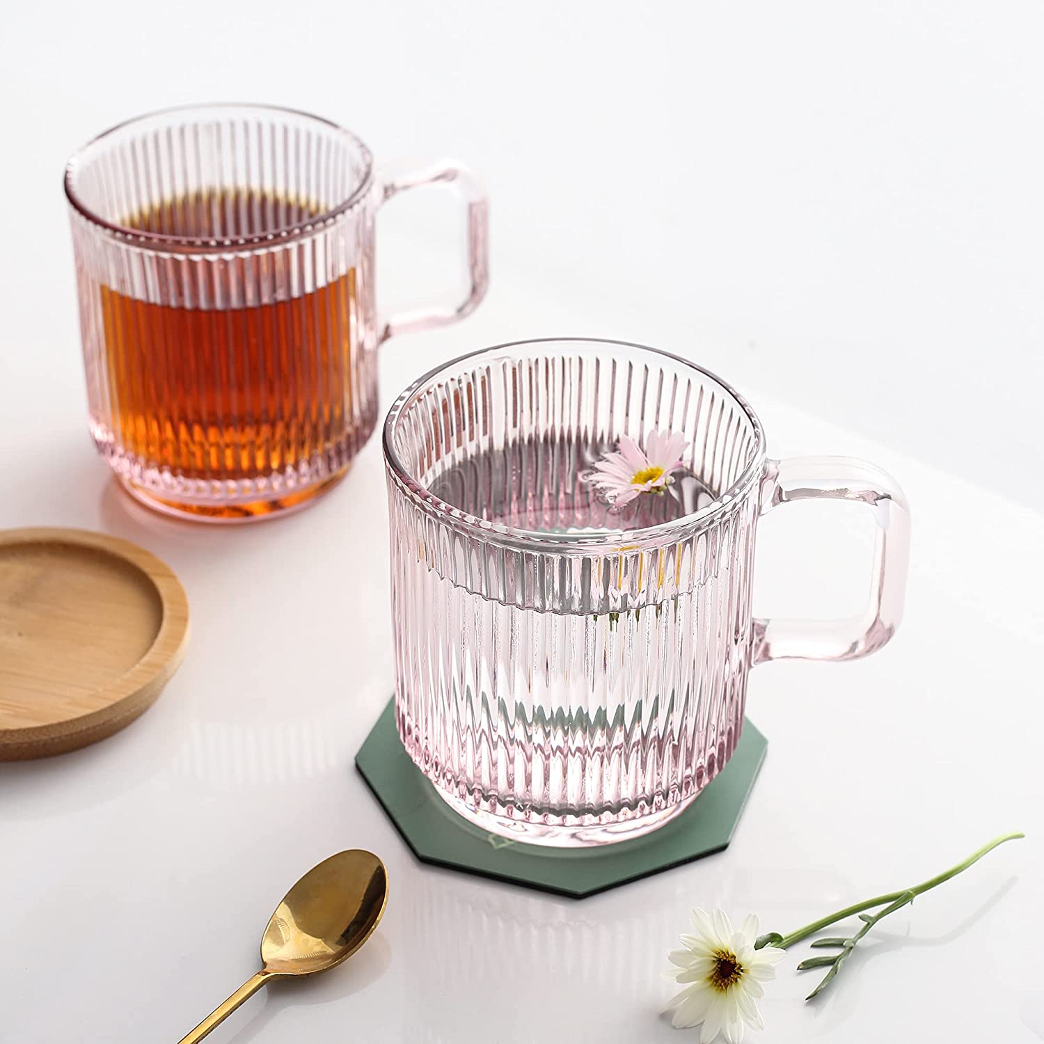 Pink Glass Coffee Mug with Lid  Premium Classical Vertical Stripes Glass Tea Cup 12.5oz