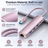 Hub USB 5 in 1 untuk Pemesanan Grosir, 3 USB3.0 5Gbps+Gigabit Ethernet+100W PD, Kabel Splitter Berbahan Aluminium dengan Jalinan Nilon untuk Laptop dan Desktop