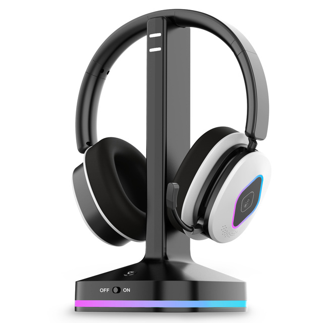 RGB Gaming Headset with Contact Charging Stand, Auto Dock Charging Via Pogo Pins, Tri-Mode BT5.3/2.4G/3.5mm, ENC Mic for PS5 PC