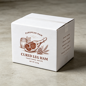 Boîte en carton ondulé <span class=keywords><strong>blanc</strong></span> imprimée offset style gravure sur bois, production 72H, pour l'emballage et l'expédition de <span class=keywords><strong>jambon</strong></span> de jamonier affiné et de produits fumés, carton ciré - Product Image 1