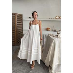 Robe élégante en mousseline blanc cassé à fines bretelles, taille naturelle, coupe ample, dos nu, respirante, pour tenue décontractée, en tissu tissé à fines bretelles spaghetti - Product Image 6