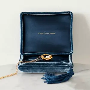 Conjunto de veludo personalizado, caixa de joias feita de veludo com brinco, anel para casal, caixa de borla de luxo, embalagem de joias com logotipo