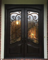 Porte d'entrée de sécurité en acier avec verre, portail extérieur double en fer forgé noir à vendre