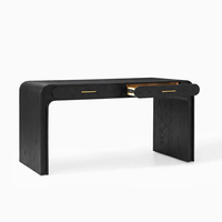 Bureau d'écriture incurvé en placage de noyer, bureau latéral moderne en bois avec 2 tiroirs et poignées en laiton pour bureau à domicile