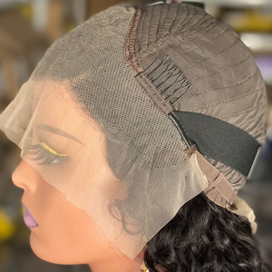 Promotion Perruque noire en cheveux humains vierges 100% tissés à la main, densité 180, ondulations aquatiques, petites boucles, cheveux longs, perruques Lace Front - Product Image 4