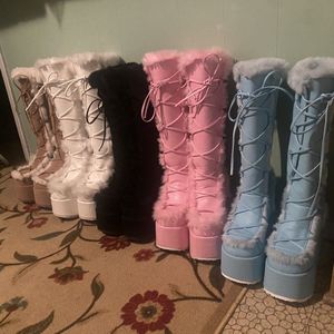 Plus Size Fuzzy Botas Dama Roman Style Women Knee Height Platform Chunky Heel Fur <b>Boots</b> for Women - Product Image 6