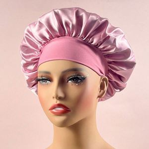 Bonnet en satin à bord large très élastique, double couche, de luxe, pour le sommeil, pour femmes, soin des cheveux, bonnet de nuit, logo personnalisé, chapeau de beauté, vente en gros - Product Image 2