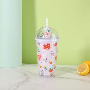 450ml Sweet Strawberry Printed Plastic Tumbler Double Wall Design with Straw Silver Glitter Dome Lid Cute Bunny Bear Character - Product Image 1
