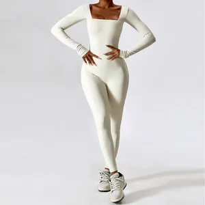 定制女式紧身连身衣纯色长袖方领一体式连身衣连身衣健身运动瑜伽套装