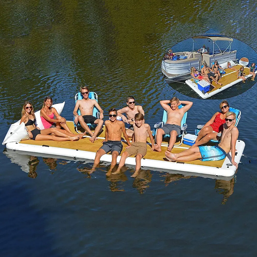 Venta al por mayor inflable pontón de agua isla barco balsa patio yate muelle plataforma para tomar el sol