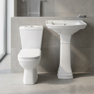 Ensemble de salle de bain en céramique pour le marché africain, comprenant WC deux pièces avec réservoir à double chasse et lavabo sur colonne - Product Image 3