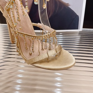 Nouvelles sandales d'été à bride cheville pour femme, à bout ouvert, talon aiguille, avec pendentif strass et pompon, chaussures à talons pour femme - Product Image 3