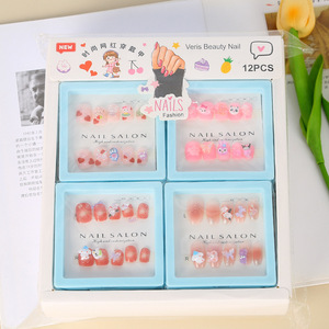 Uñas Postizas de Marcas Japonesas y Coreanas, Diseño de Dibujos Animados, Colores Mezclados, Longitud Media, Decoradas con Lentejuelas, para Mujeres y Niñas - Product Image 3